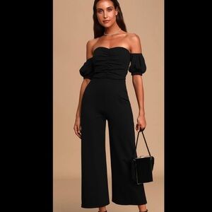 Lulu Black Off-Shoulder Jumpsuit Puff-Sleeve